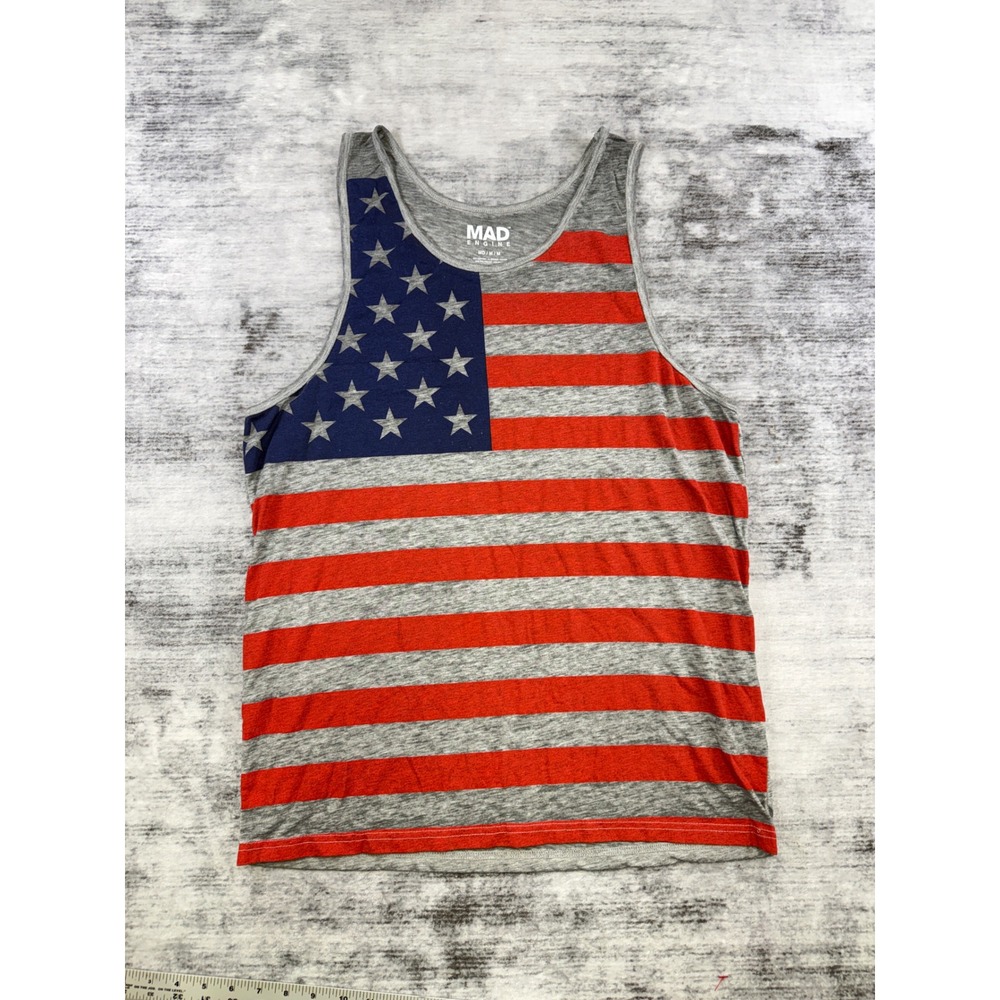 Mad Engine Mens American Flag Tank Top Gray Heathered Stars Stripes Medium